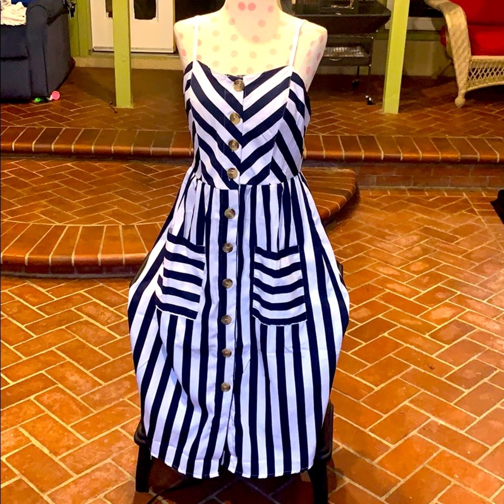 Navy and white striped midi dress